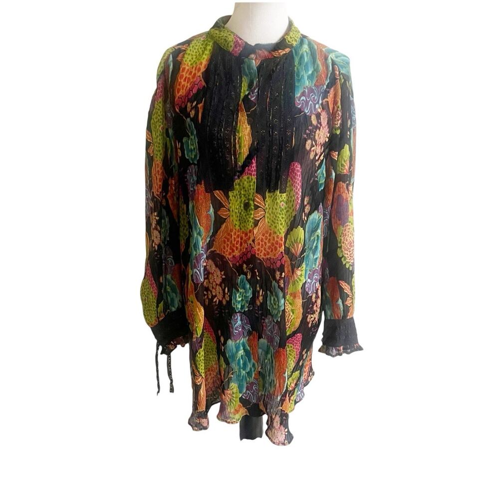 Roaman’s Sheer Artsy Button Front Long Sleeve Tunic Colorful Size 20w Lace Trim